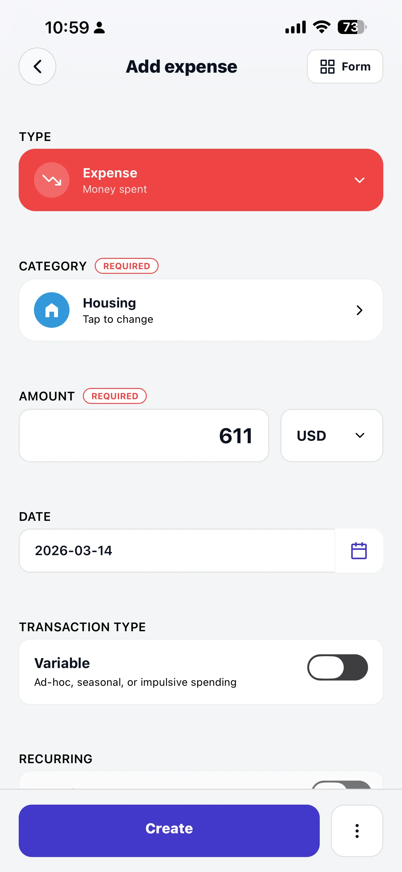 Quick expense entry screen