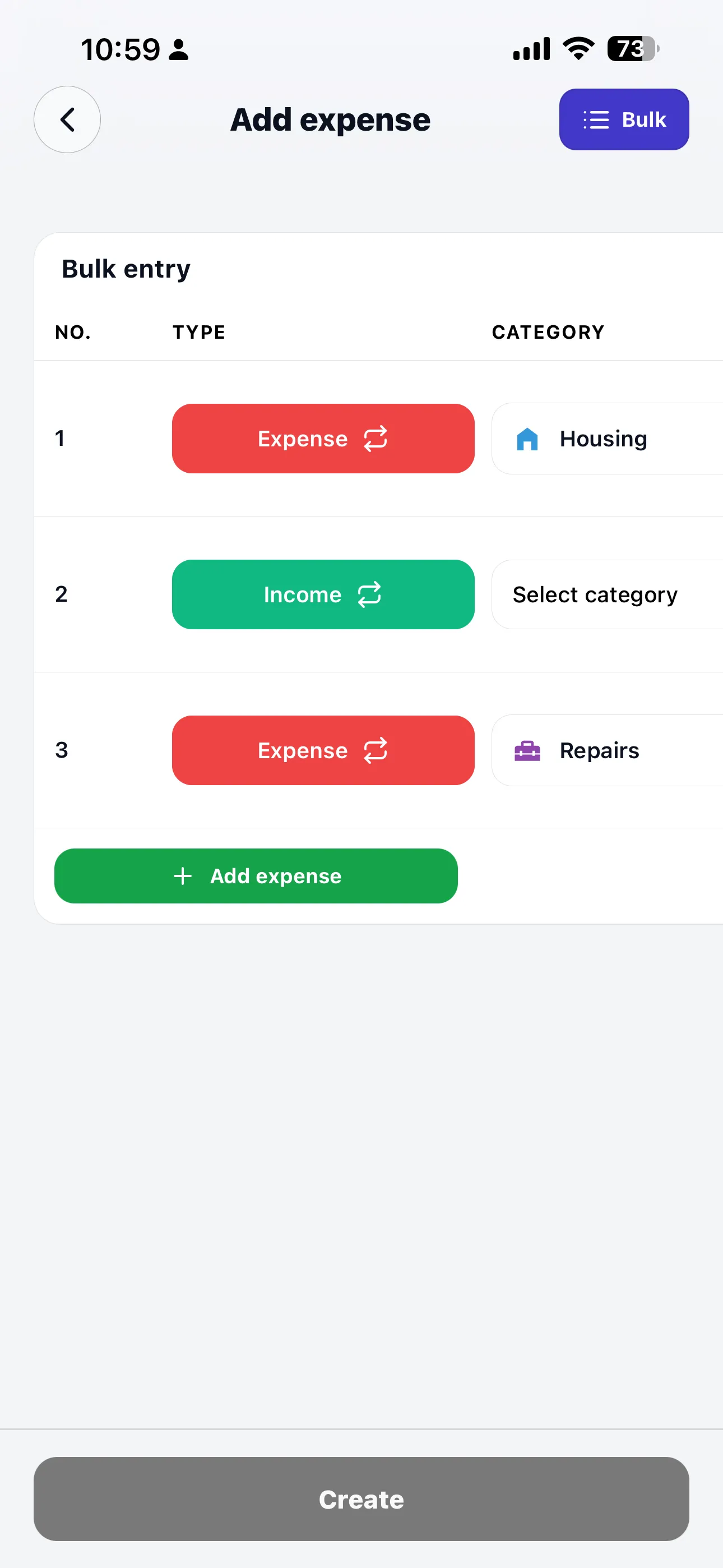 Bulk entry for multiple transactions