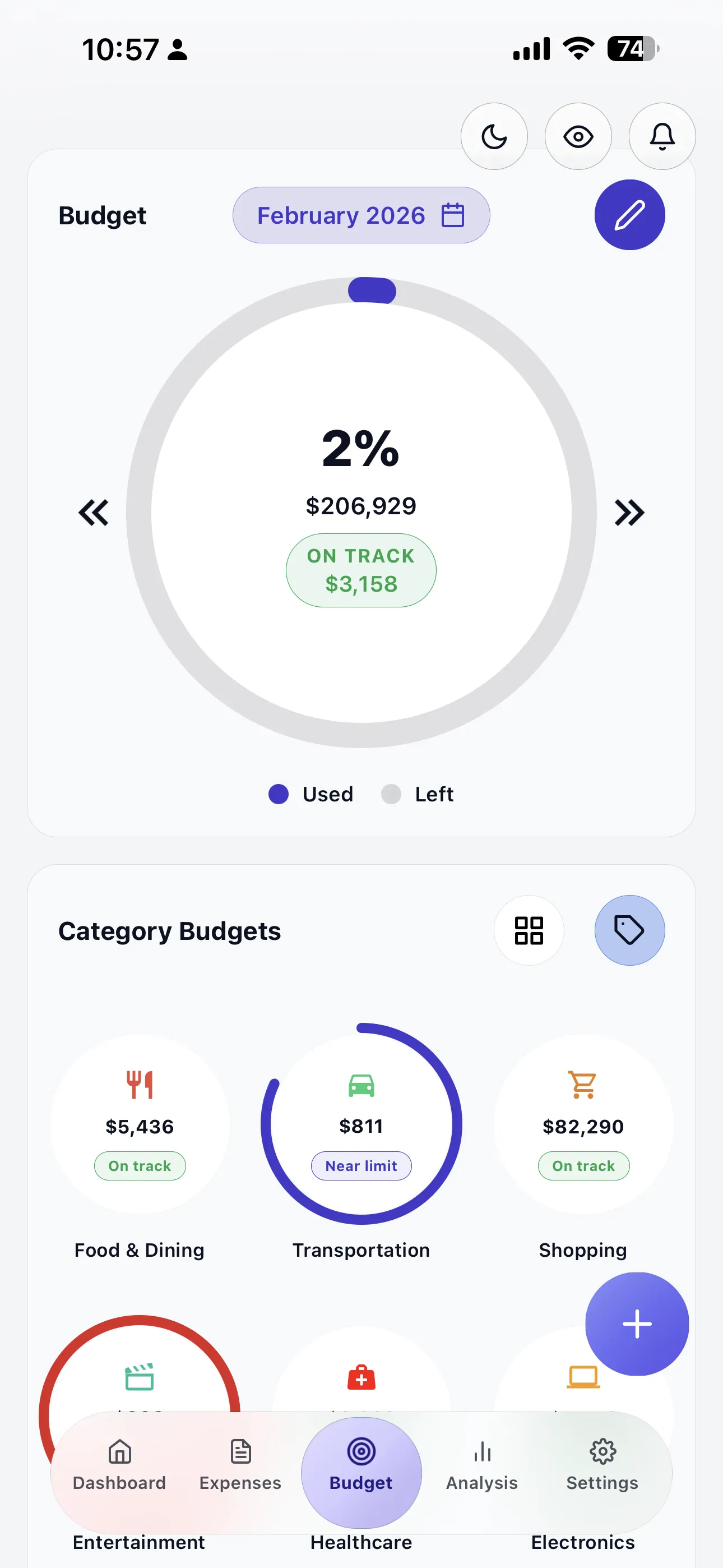 Monthly budget tracking with category progress