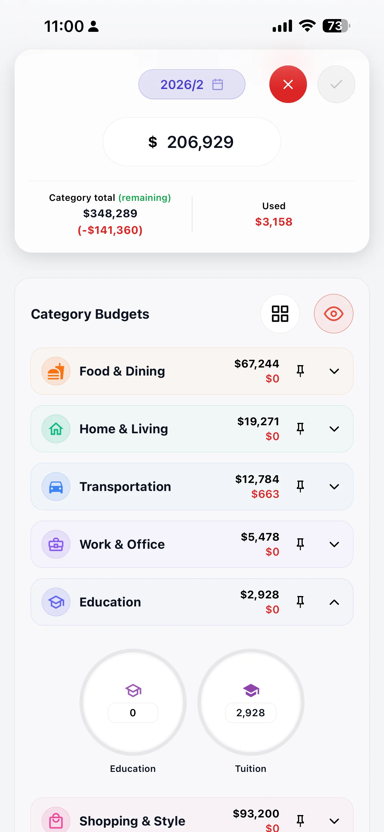 Category budget view with spending limits per category