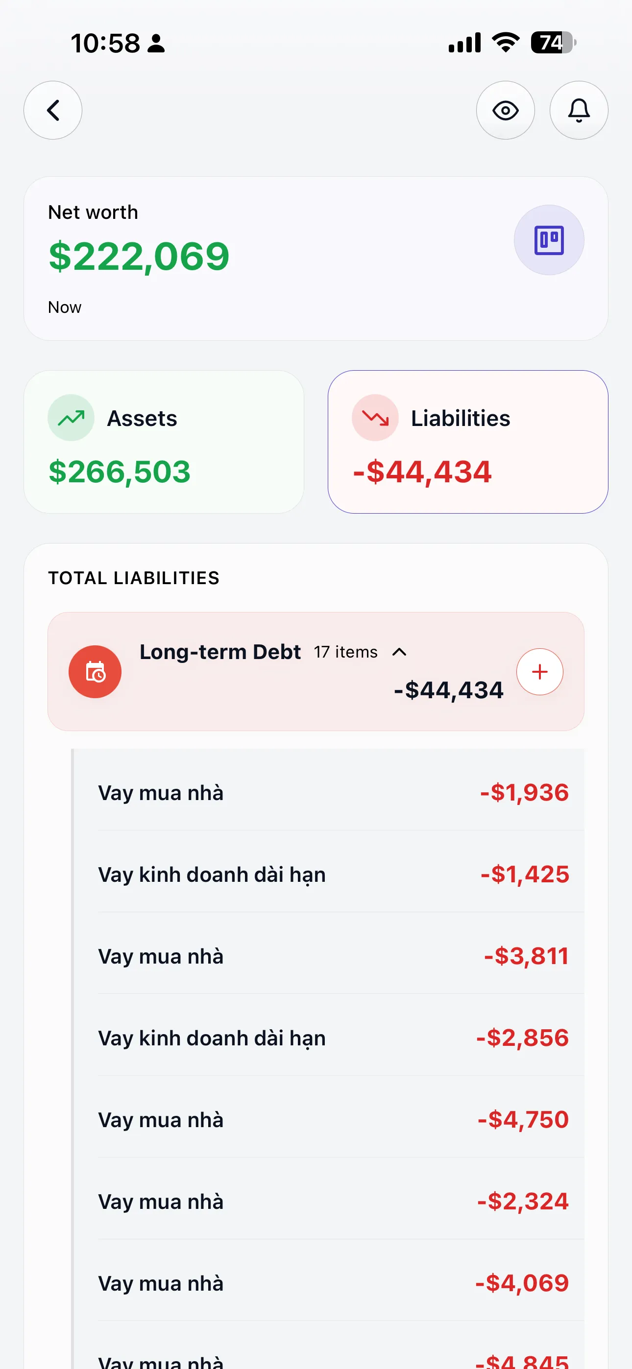 Net worth tracking with assets and liabilities
